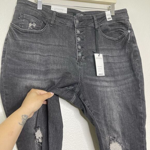 Judy Blue Skinny Jeans 20 Black Knee Distress Button Fly Stretch High Rise Denim - Picture 6 of 11